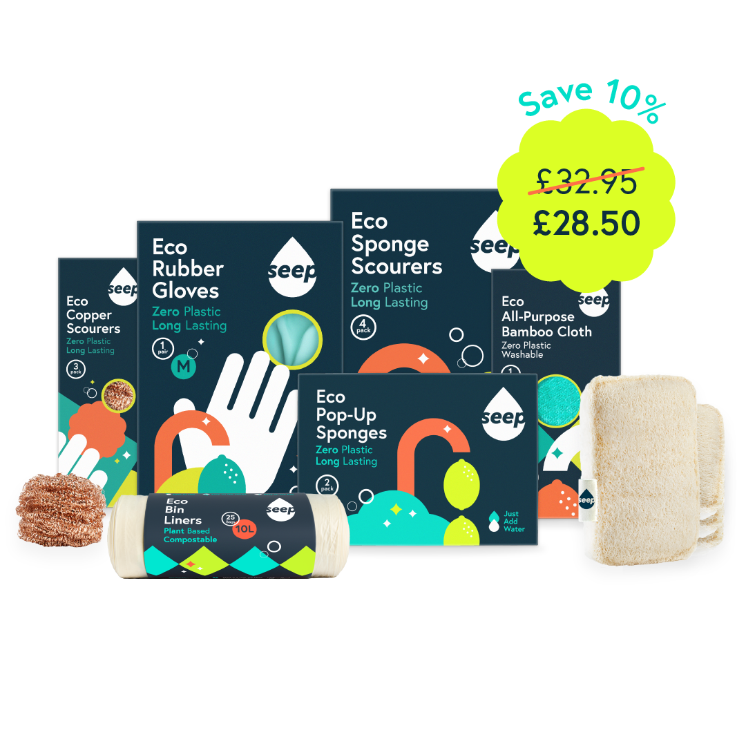 A bundle of 3 Eco Copper Scourers, 1 pair of Eco Washing Gloves, 4 Eco Kitchen Sponges, 1 Bamboo Cloth, 2 Pop-up Sponges and 1 roll of 10L Eco Bin Liners