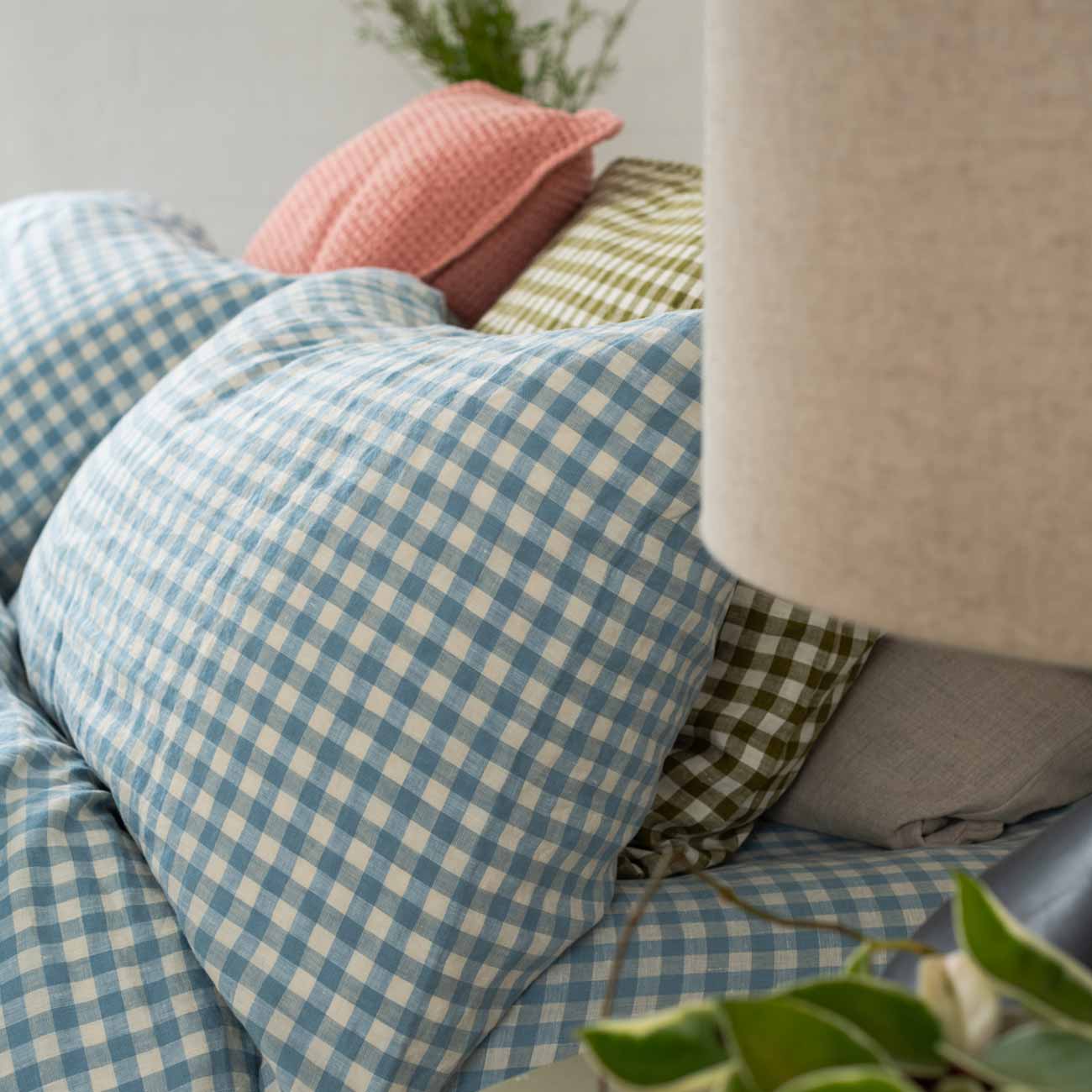 Warm Blue Gingham Linen Pillowcase (Pair)