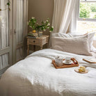 White Linen Duvet Cover and Pillowcases, Mushroom Gingham Pillowcases and Fitted Sheets