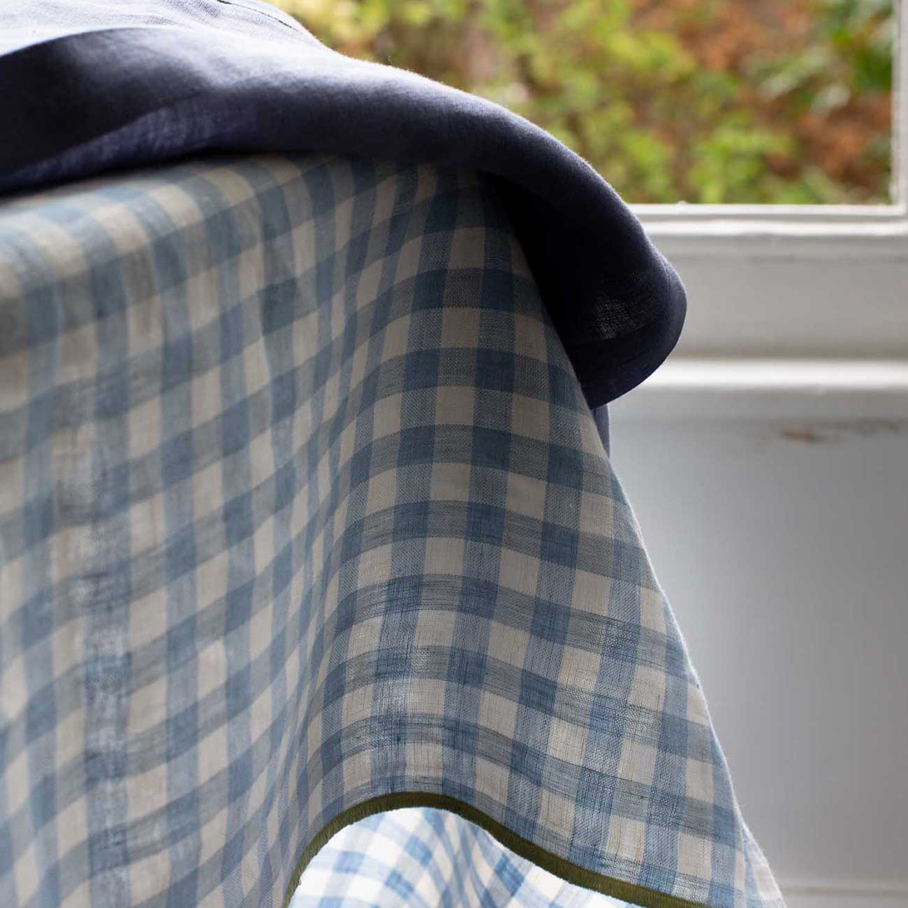 Warm Blue Gingham Linen Tablecloth