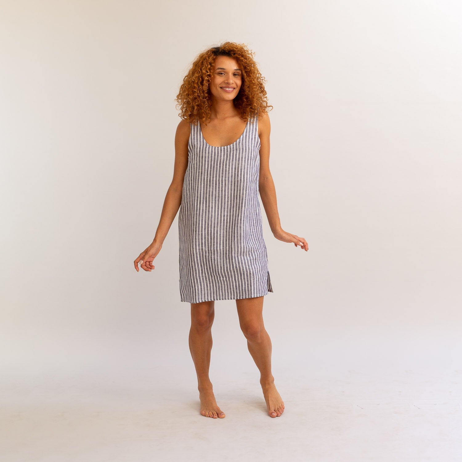 Midnight Stripe Linen Night Dress - Piglet in Bed