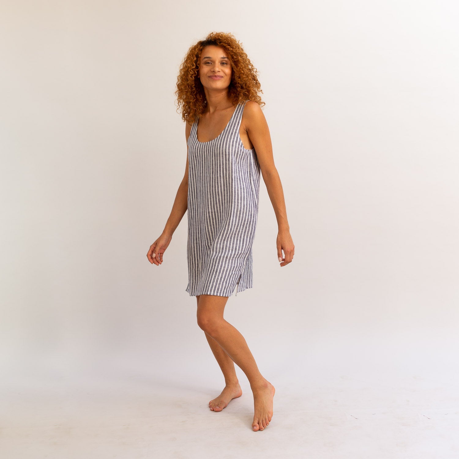 Midnight Stripe Linen Night Dress - Piglet in Bed