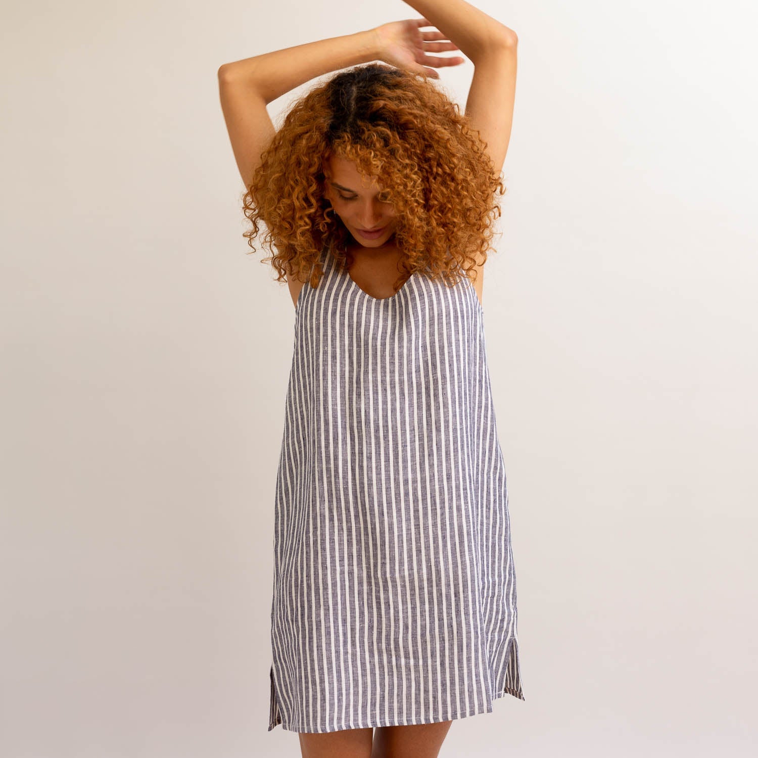 Midnight Stripe Linen Night Dress - Piglet in Bed