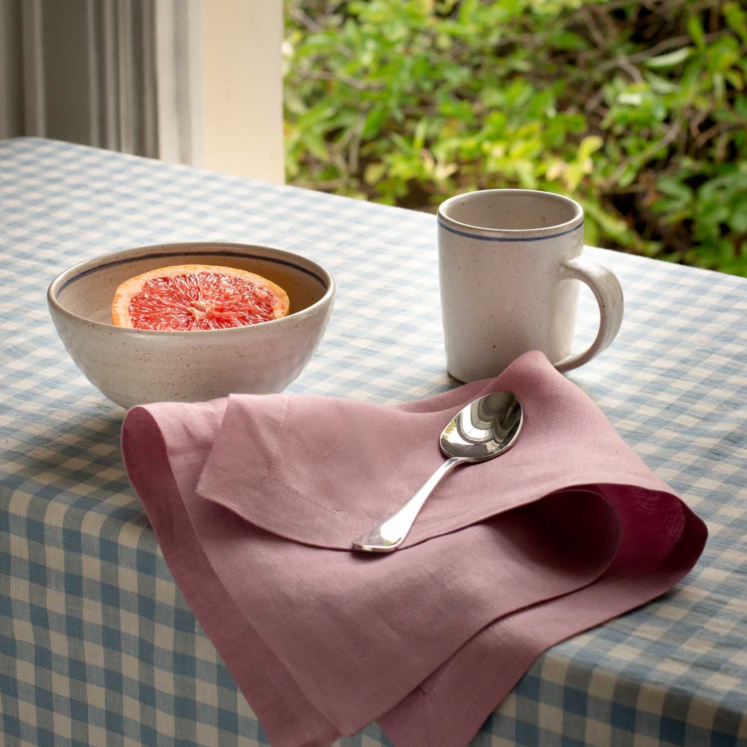 Warm Blue Gingham Linen Tablecloth