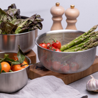 Colander and mixing bowl nesting set, stainless steel.