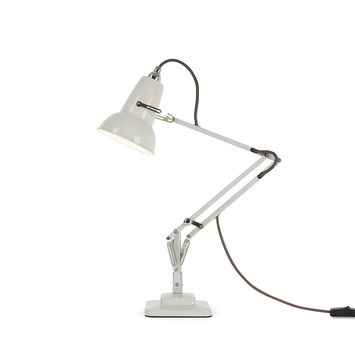 Elegant Linen White Anglepoise Original 1227™ Mini Desk Lamp. Close-up of shade, silver arm, and sturdy base with a switch.