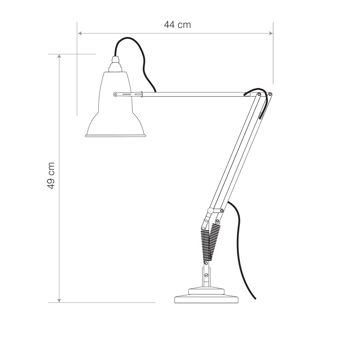 Overall dimension diagram of the Anglepoise Original 1227 desk lamp shows 49cm high by 44cm wide