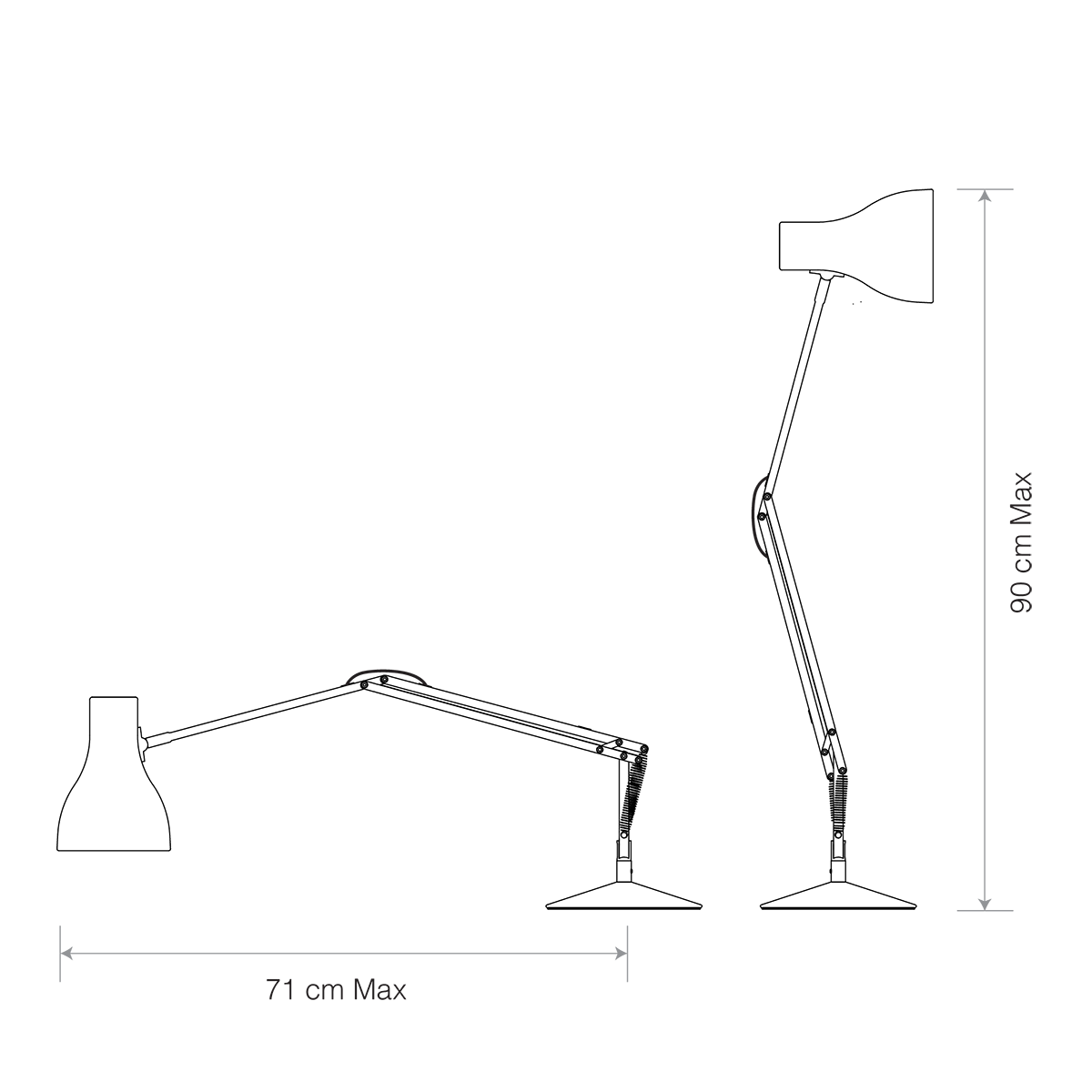 Reach dimension diagram of the Anglepoise Type 75 Desk Lamp in jet black.