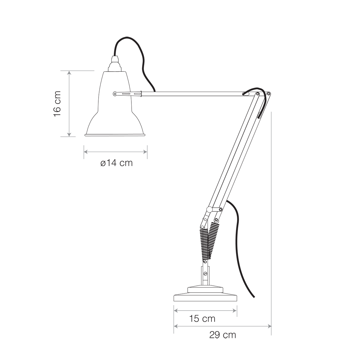 Detail dimension diagram of the Anglepoise Original 1227 desk lamp