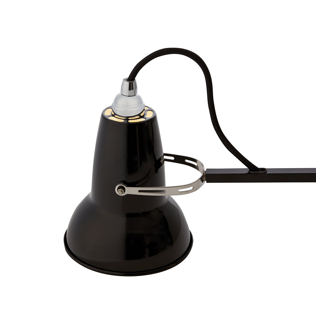 Close-up of the Jet Black Anglepoise Original 1227™ Mini Desk Lamp. Features a sleek design and lifetime guarantee.