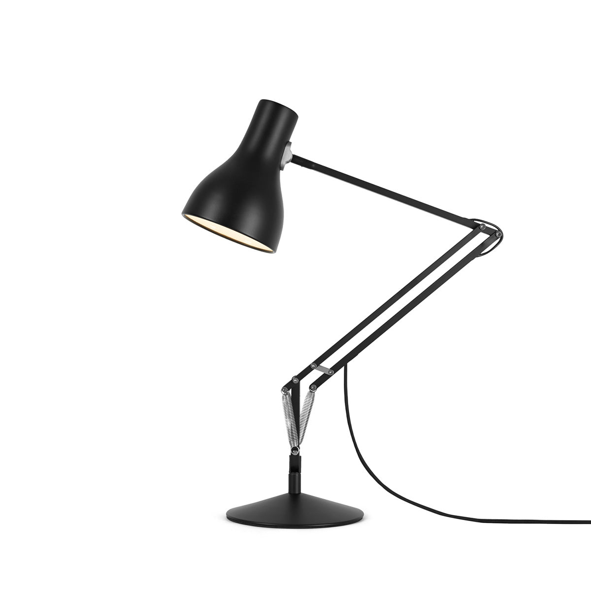 High-quality Jet Black Anglepoise Type 75 Desk Lamp. Sleek design with a black metal body, shade, and base for optimal office lighting.