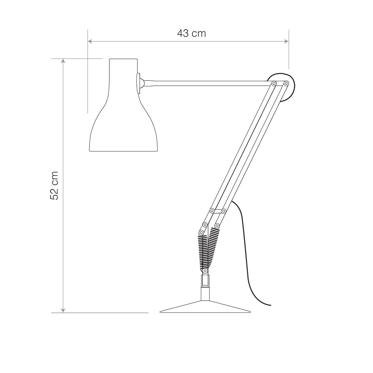 Overall dimension diagram of the Anglepoise Type 75 Desk Lamp in jet black.