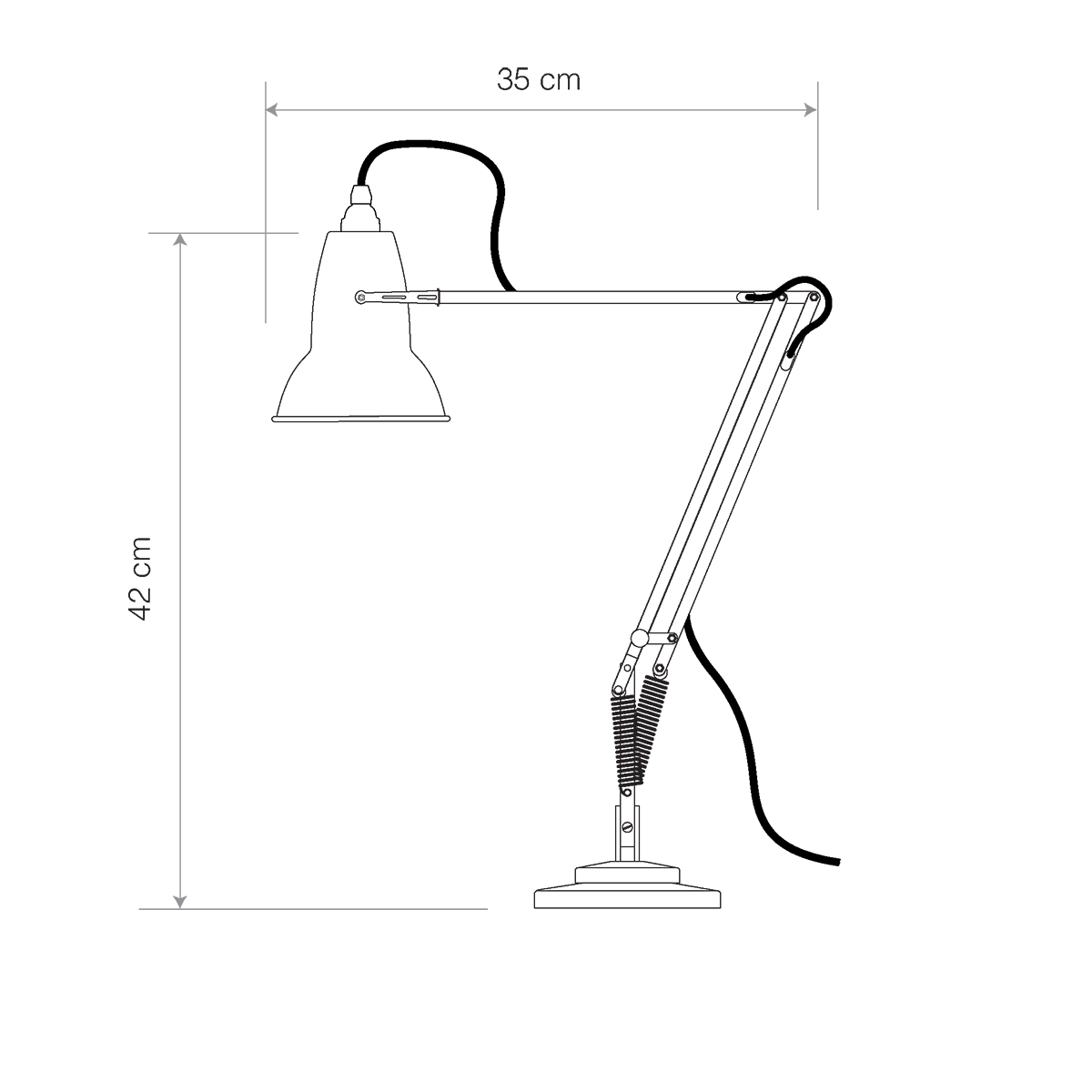 Overall dimension diagram of the Anglepoise 1227 Mini Desk Lamp