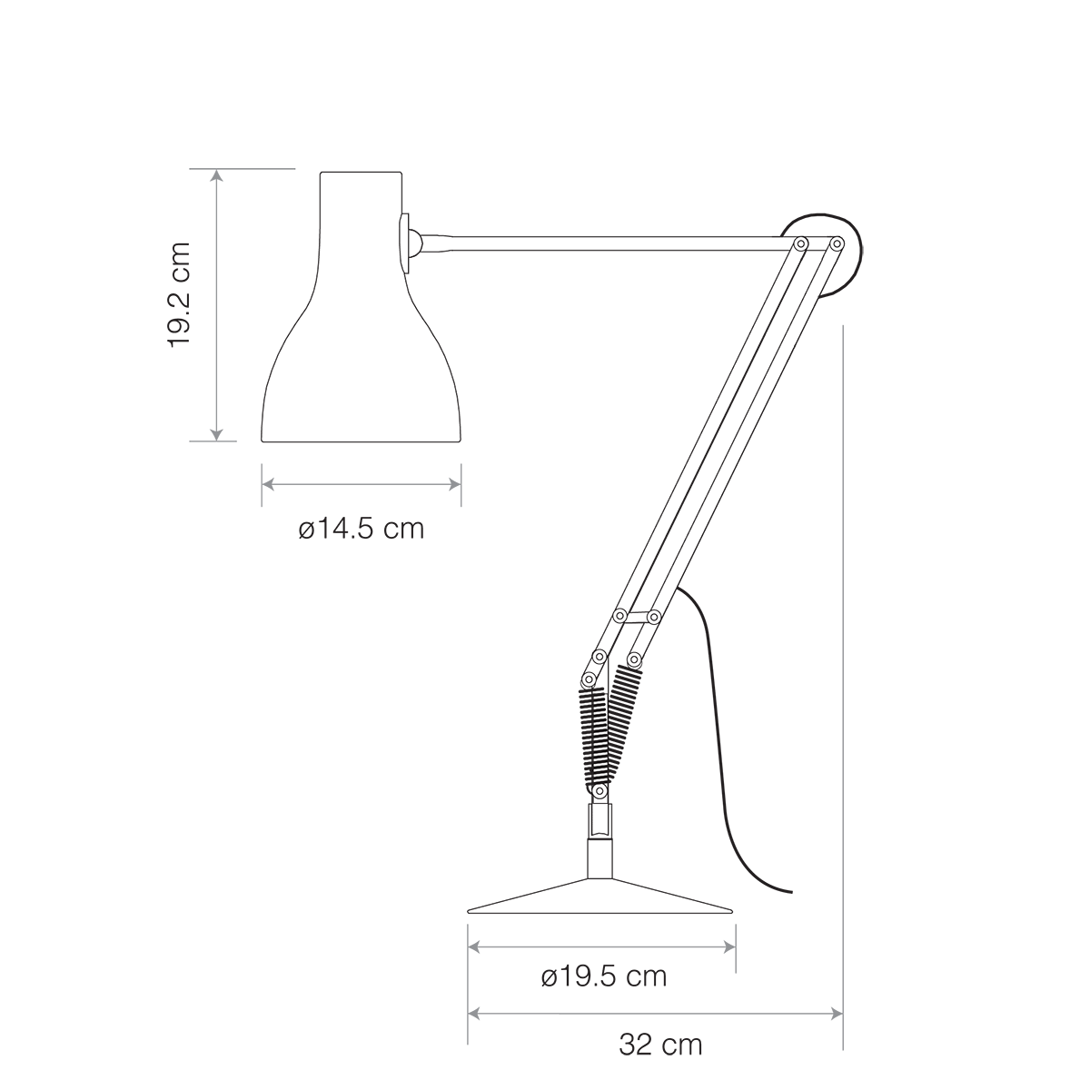 Detail dimension diagram of the Anglepoise Type 75 Desk Lamp in jet black.