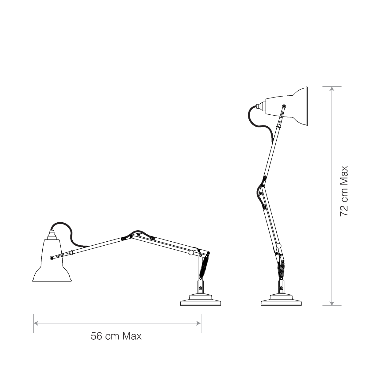 Reach dimension diagram of the Anglepoise 1227 Mini Desk Lamp