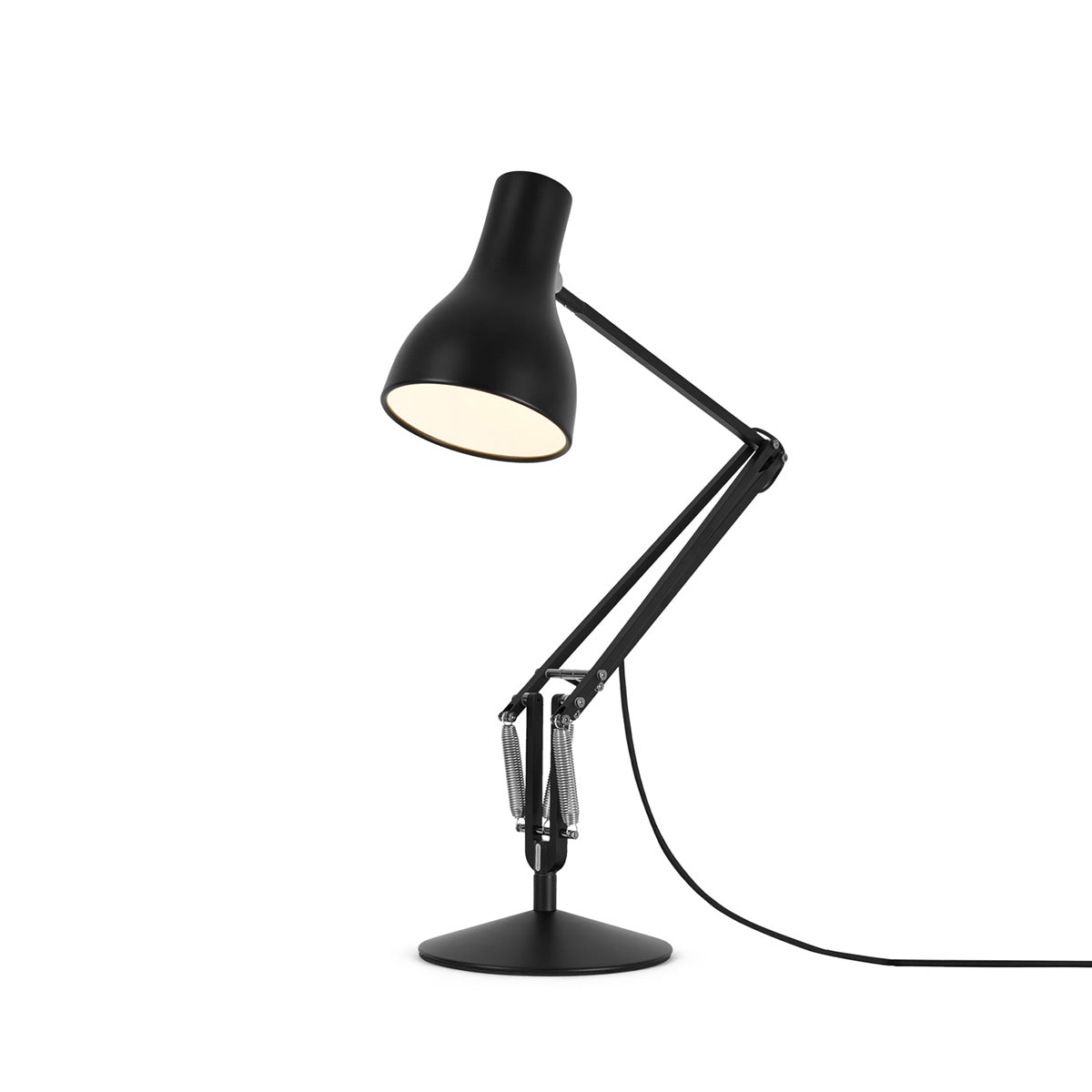 Sleek, adjustable Anglepoise Type 75 Jet Black Desk Lamp. Durable metal design with conical shade, perfect for modern workspaces.