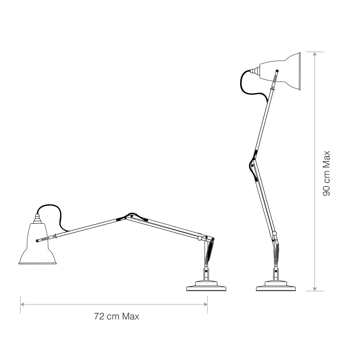 Reach dimension diagram of the Anglepoise Original 1227 desk lamp