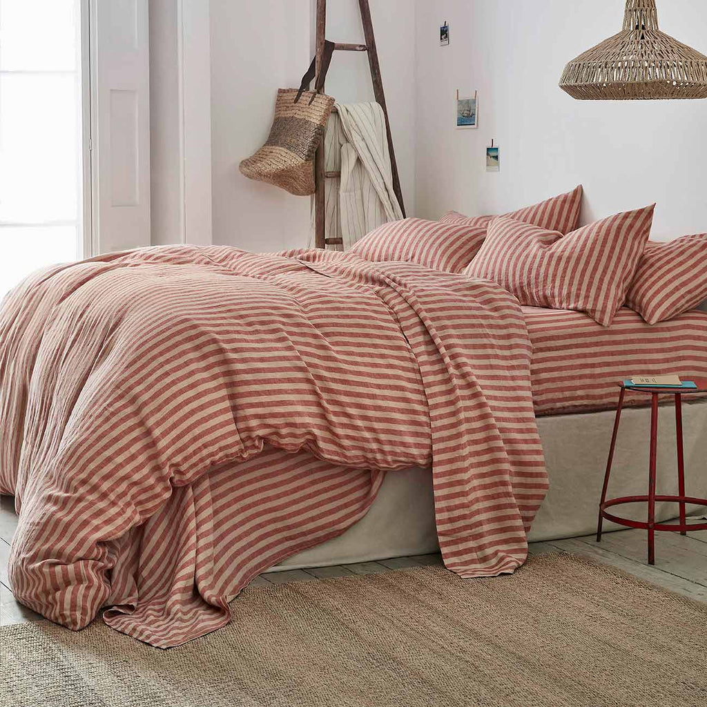 Piglet in Bed - Pembroke Stripe Linen Duvet Cover, Sandstone Red - Buy Me Once UK