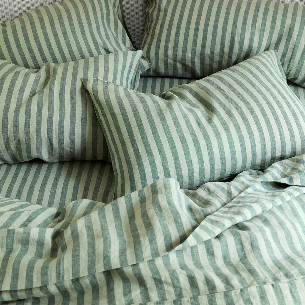 Piglet in Bed - Pembroke Stripe Linen Fitted Sheet, Pine Green - Buy Me Once UK