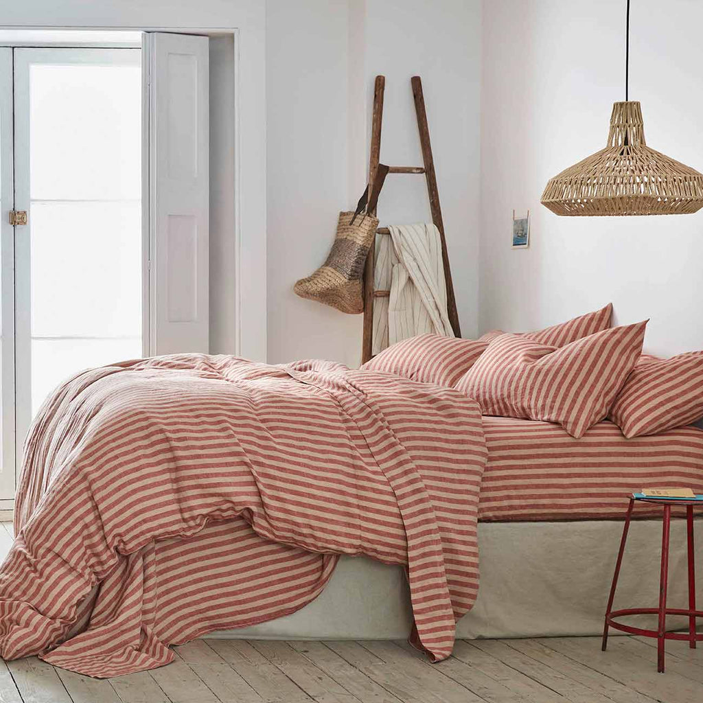 Piglet in Bed - Pembroke Stripe Linen Fitted Sheet, Sandstone Red - Buy Me Once UK
