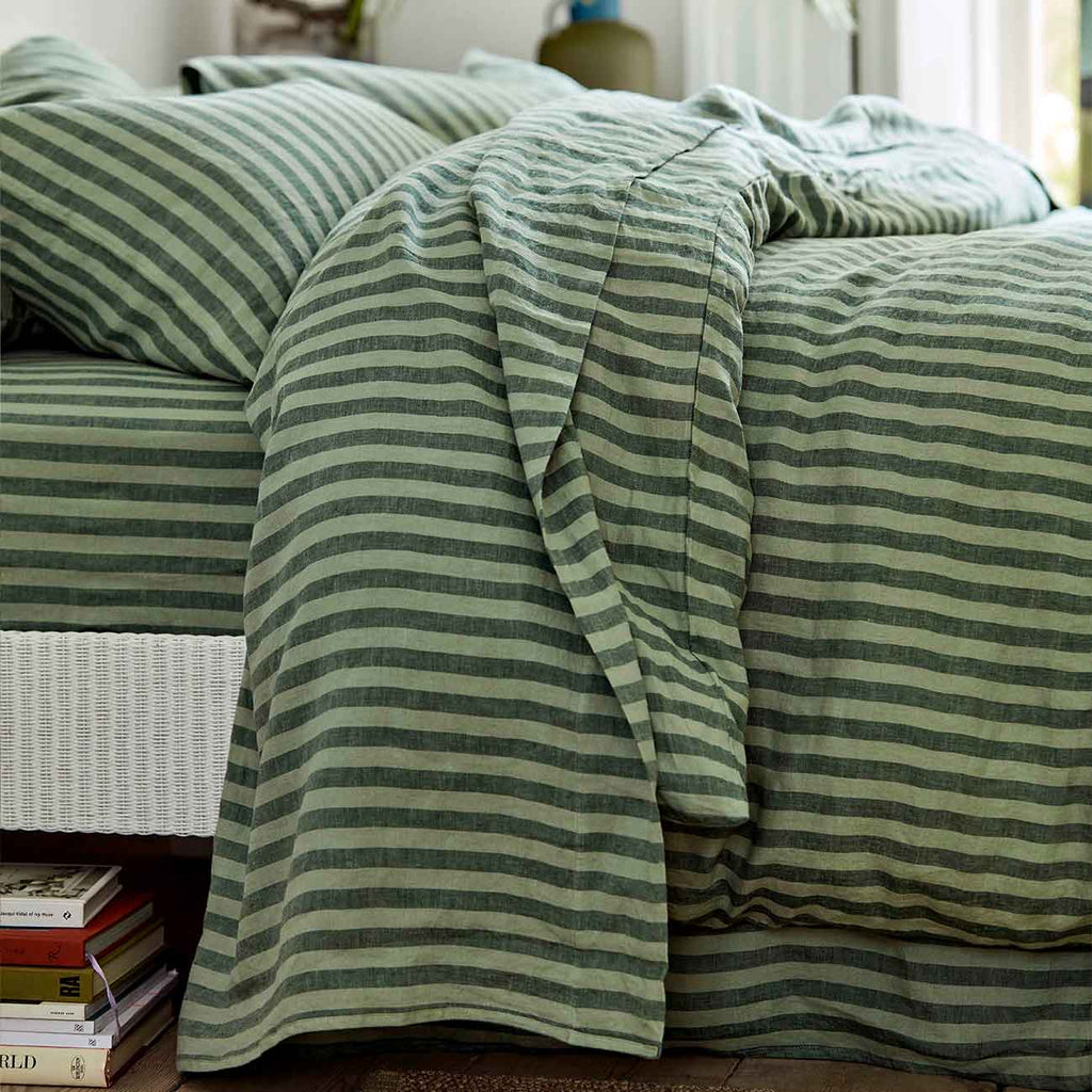 Piglet in Bed - Pine Green Pembroke Stripe Linen Flat Sheet - Buy Me Once UK