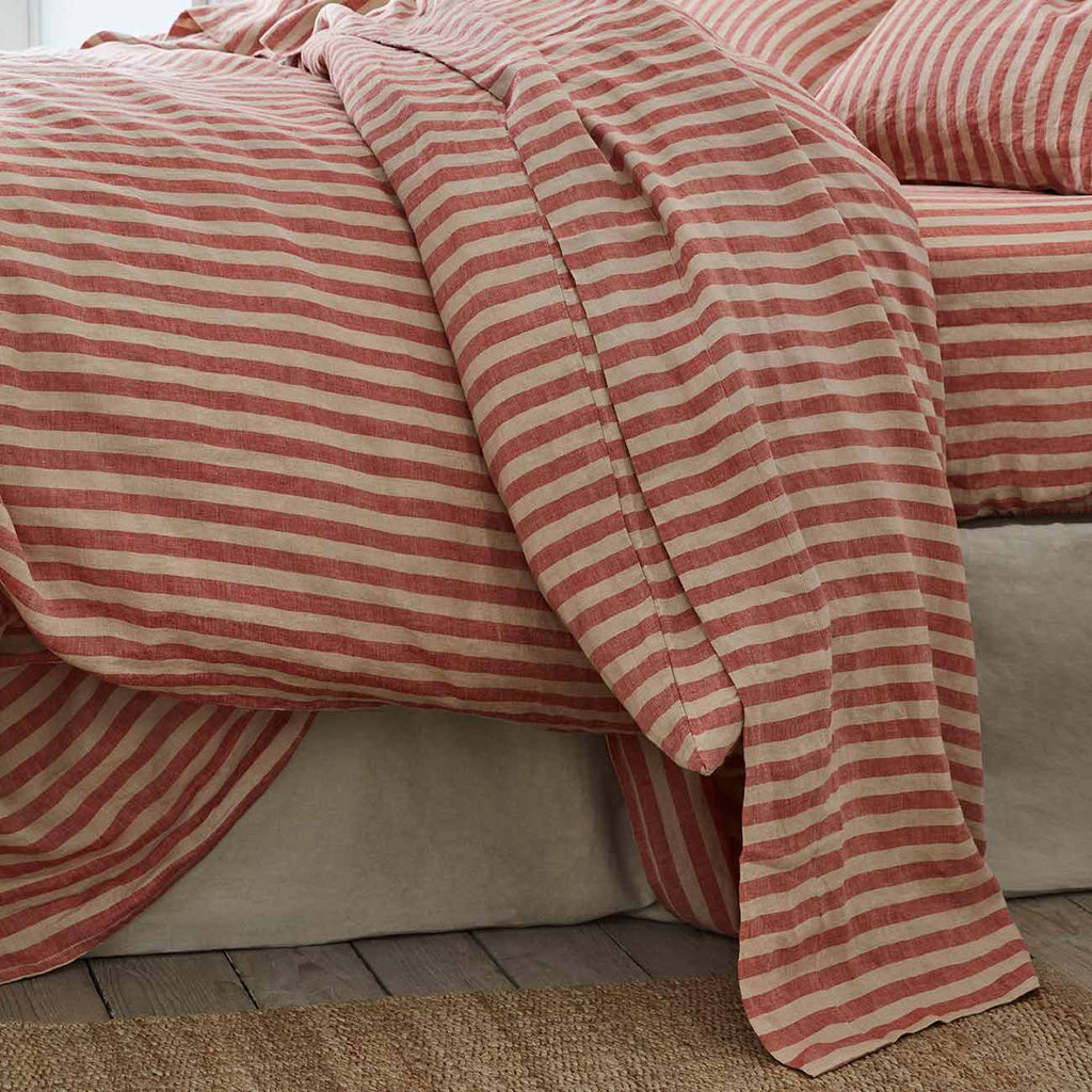 Piglet in Bed - Sandstone Red Pembroke Stripe Linen Flat Sheet - Buy Me Once UK