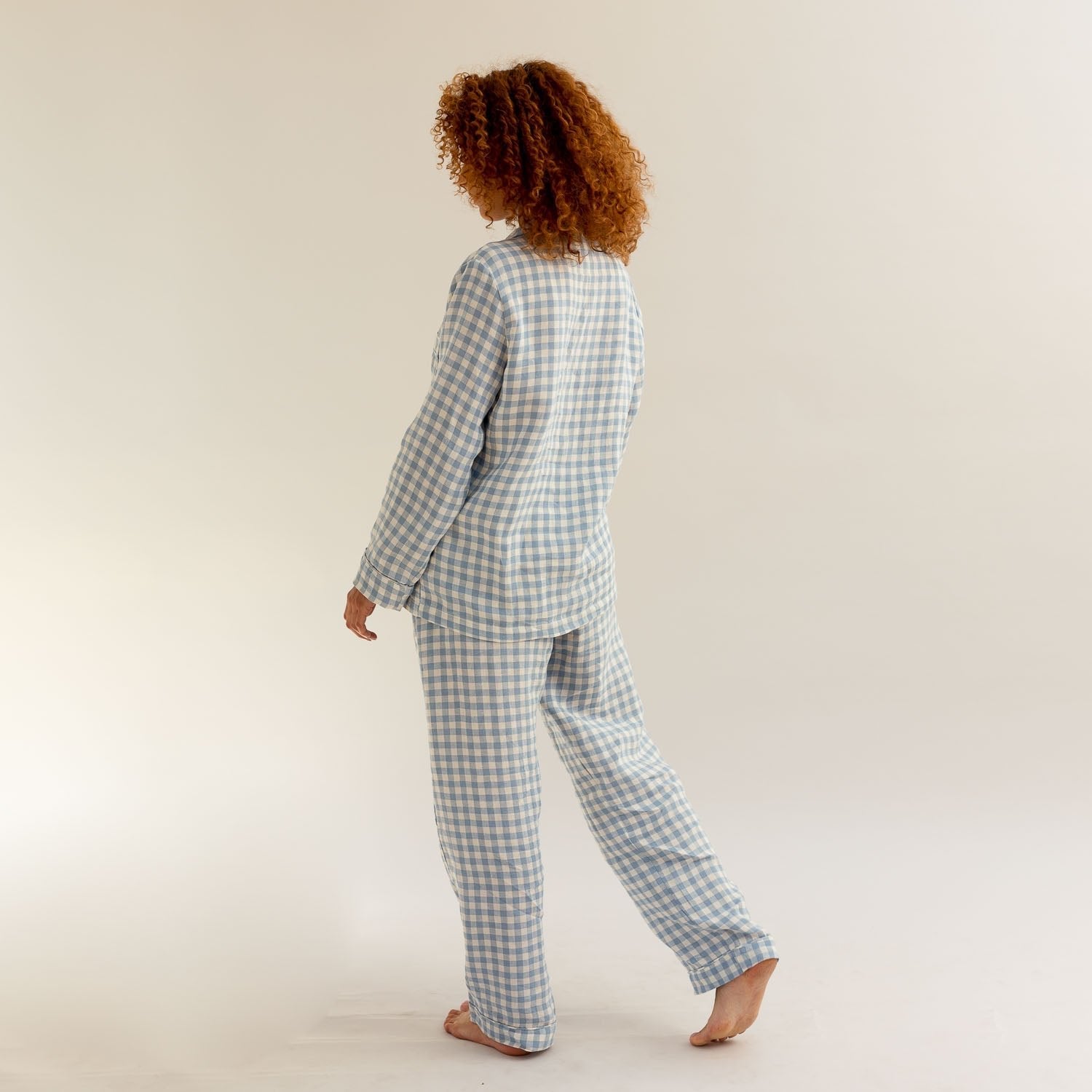 Piglet in Bed - Women's Gingham Linen Pyjama Trouser Set, Warm Blue - Buy Me Once UK