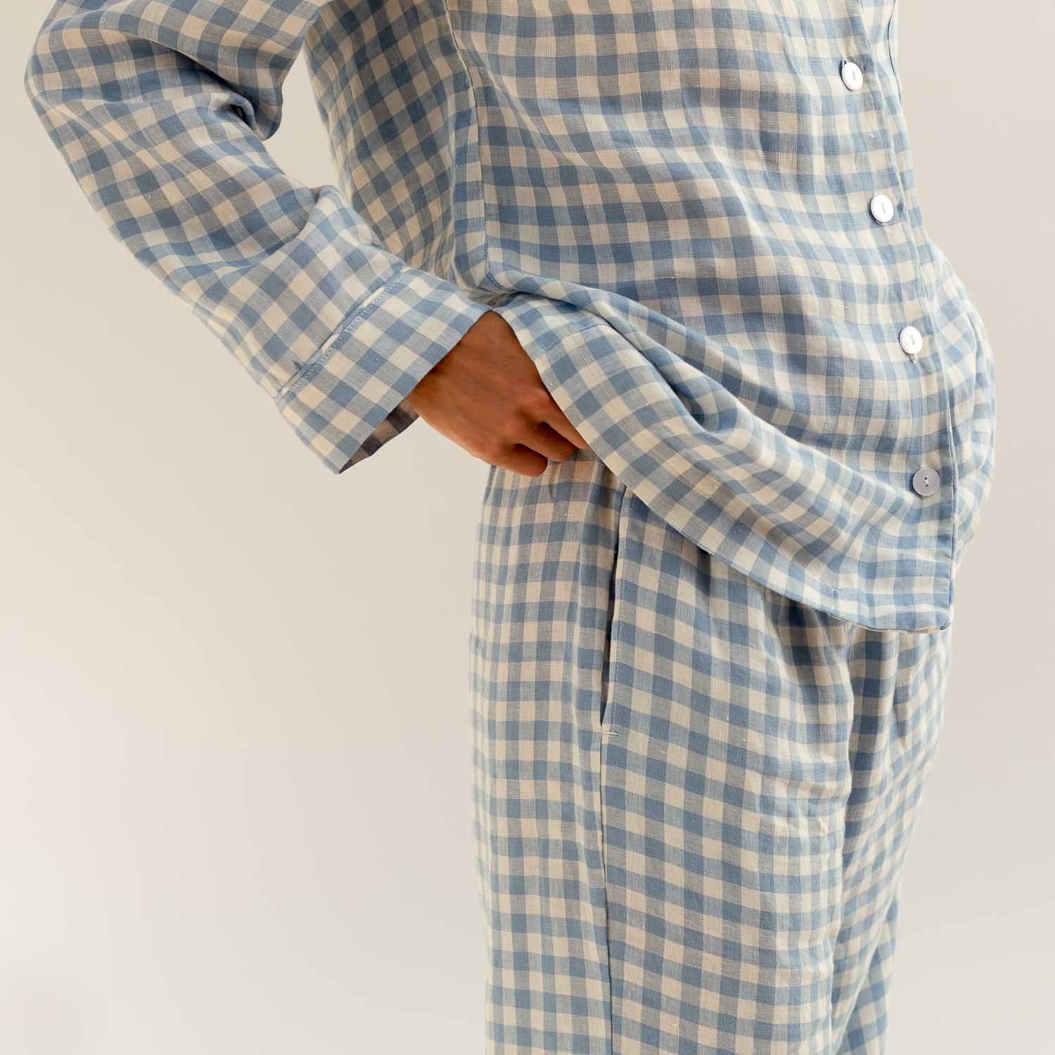 Piglet in Bed - Women's Gingham Linen Pyjama Trouser Set, Warm Blue - Buy Me Once UK